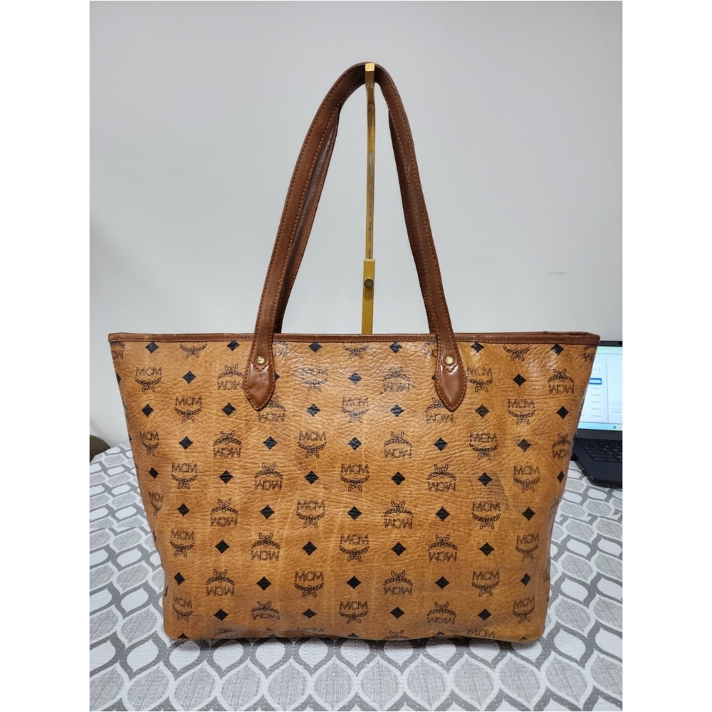 MCM Visetos Striped Shopper Tote Bag Cognac - Picture 3 of 14